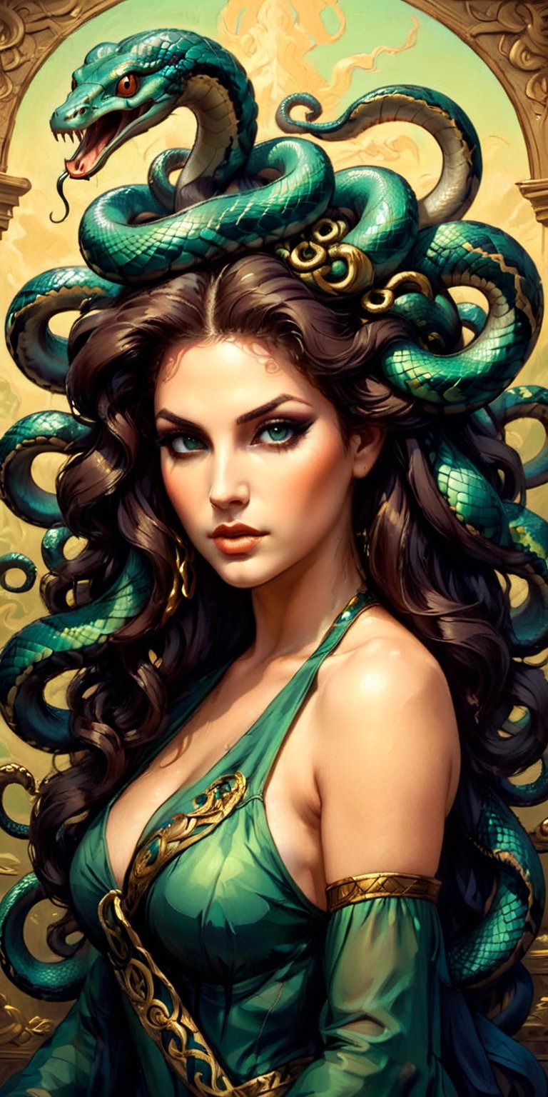 a woman with a snake in her hair, fierce medusa, portrait of medusa, beautiful female gorgon, portrait of teenage medusa, female medusa long hair, medusa gorgon head, medusa head, her many snakes as hair, medusa, medusa made of wax, long flowing medusa hair, medusa portrait painting, portrait of an octopus goddess, style_parody,scenery