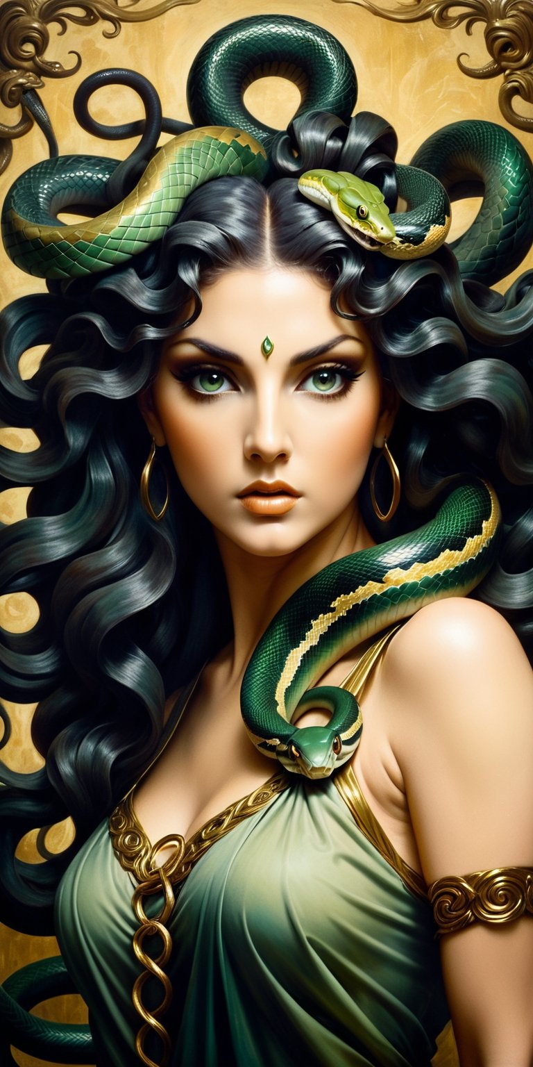 a woman with a snake in her hair, fierce medusa, portrait of medusa, beautiful female gorgon, portrait of teenage medusa, female medusa long hair, medusa gorgon head, medusa head, her many snakes as hair, medusa, medusa made of wax, long flowing medusa hair, medusa portrait painting, portrait of an octopus goddess,vintage style,