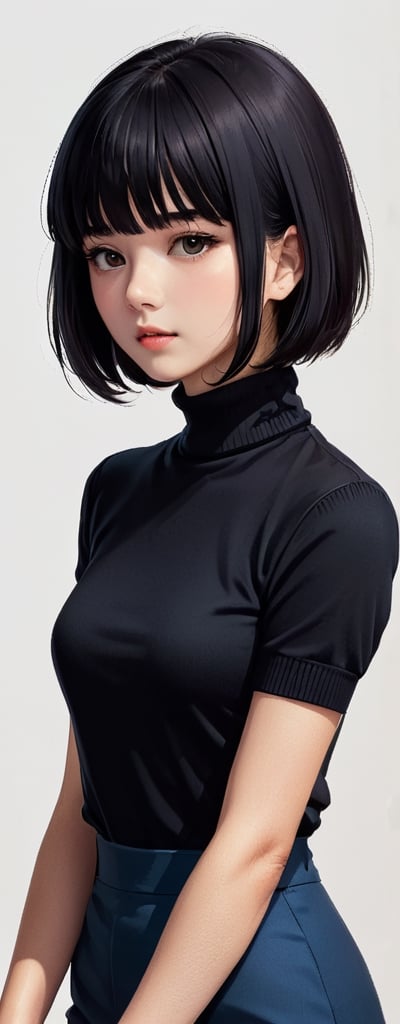 illustraion, aesthetically pleasing, 1girl, solo, slim, black hair, bobcut, bangs, black eyes, closed mouth, black shirt, short sleeves, turtleneck, upper body, standing up, realistic background, 