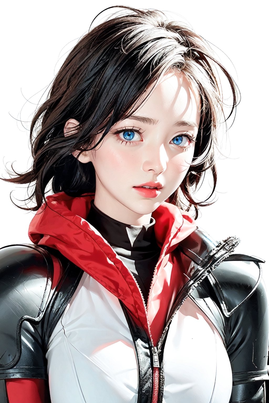 1girl,EA post apocalyptic portrait photo of a red hooded woman, (((front view))), blue eyes,beautiful female, beautiful face, biomechanical android with translucent lingerie armor,scientific illustration,white backgorund,alabaster skin,perfect face