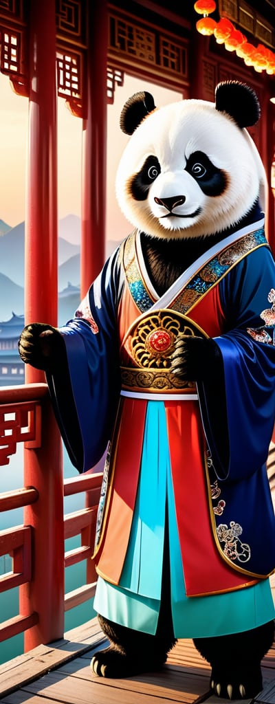 1 panda wearing traditional chinese opera costume,standing on a bridge,chinese traditional architecture,intricate details,extremely detailed,highly detailed,cinematic lighting,dramatic lighting,vibrant colors,photorealistic,4k,8k,masterpiece,professional illustration