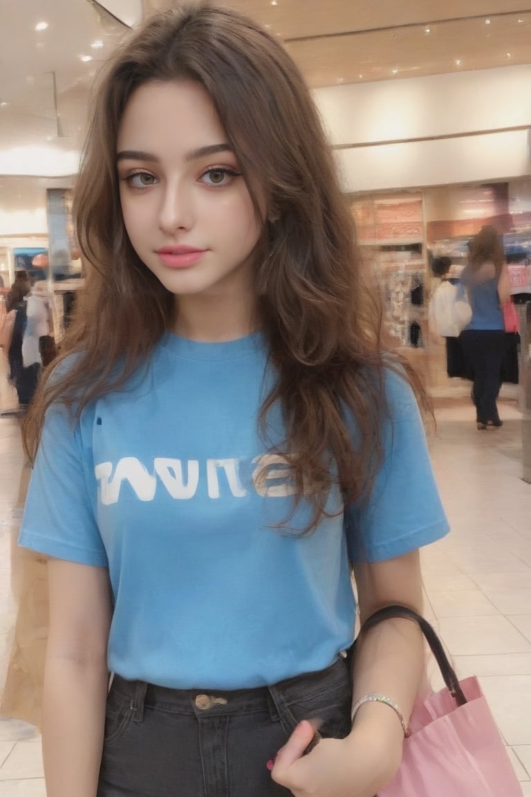 beautiful cute young attractive indian teenage girl,  22 years old, cute,  Instagram model, long brownish curly hair, warm, indian, large brown eyes, pink cheeks, height 6 feets, smiling 
Wearing blue hot t shirt, black tight jeans, sunglasses 
Shopping in mall and holding a carry bag
Ultra-detailed and realistic 
Realistic background 
,more detail XL,dashataran,perfecteyes,photo r3al
Realistic shadow 