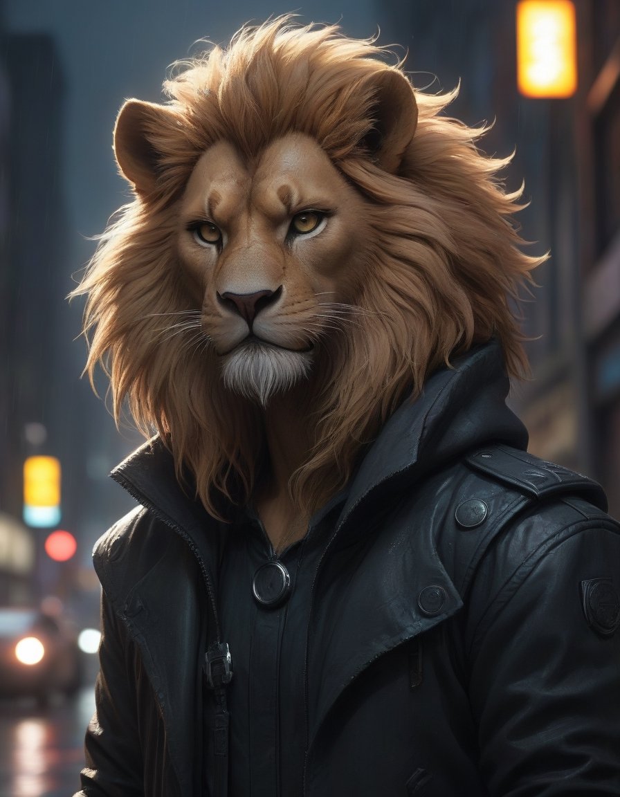 award winning beautiful portrait commission of a male furry lion fursona with a tail and a cute beautiful attractive detailed furry face wearing stylish black cyberpunk clothes in a cyberpunk city at night while it rains. Character design by charlie bowater, ross tran, artgerm, and makoto shinkai, detailed, inked, western comic book art