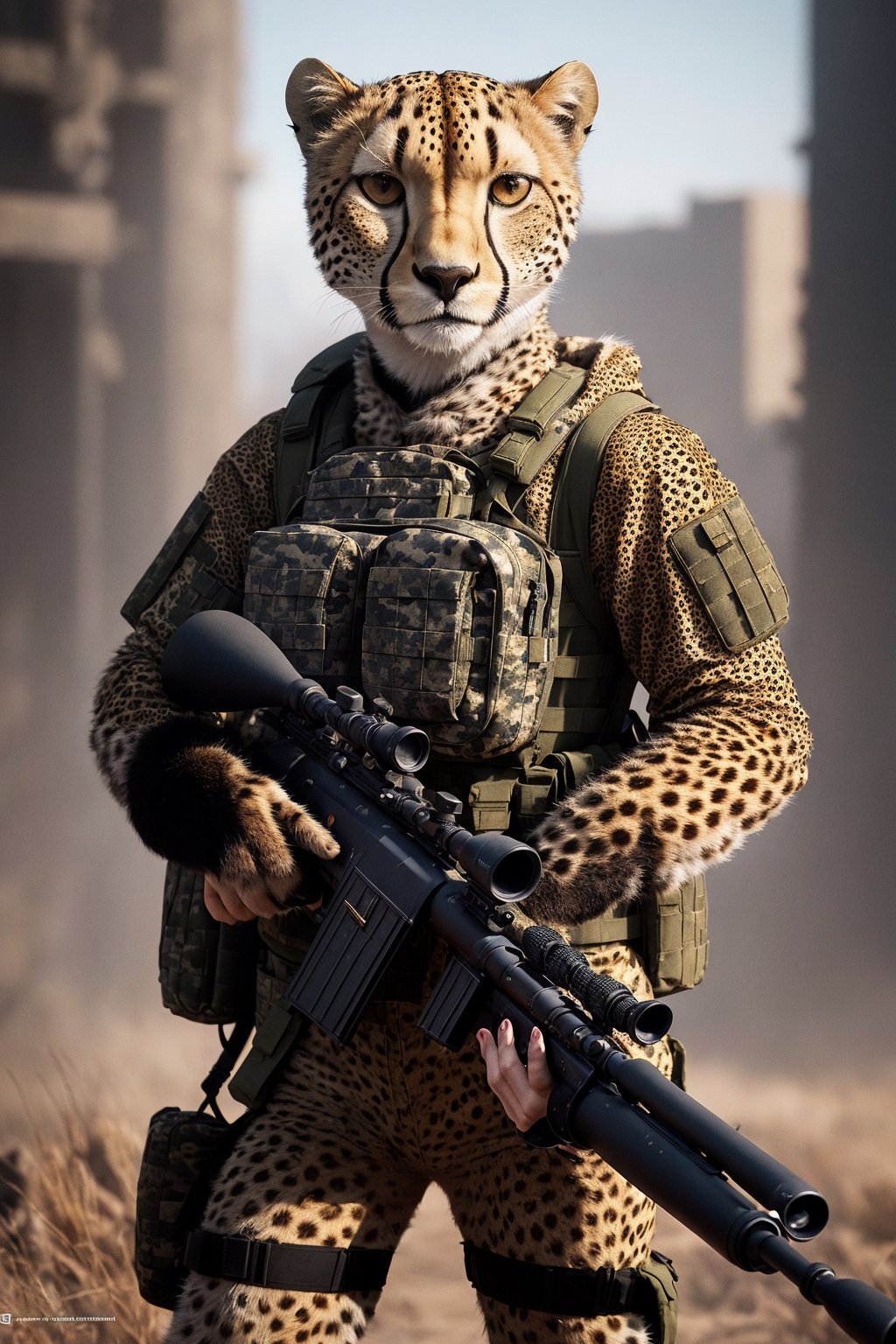 Clever cheetah wearing camouflage and sniper gear, holding a sniper rifle, anthropomorphic, super detail, ultra hd, 8k, real life, maximum facial detail, cinematic lighting 