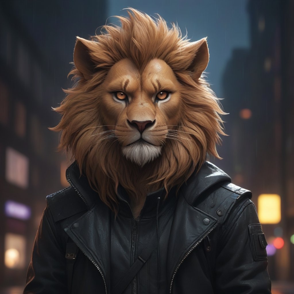 award winning beautiful portrait commission of a male furry lion fursona with a tail and a cute beautiful attractive detailed furry face wearing stylish black cyberpunk clothes in a cyberpunk city at night while it rains. Character design by charlie bowater, ross tran, artgerm, and makoto shinkai, detailed, inked, western comic book art,