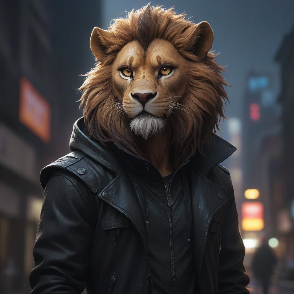 award winning beautiful portrait commission of a male furry lion fursona with a tail and a cute beautiful attractive detailed furry face wearing stylish black cyberpunk clothes in a cyberpunk city at night while it rains. Character design by charlie bowater, ross tran, artgerm, and makoto shinkai, detailed, inked, western comic book art,