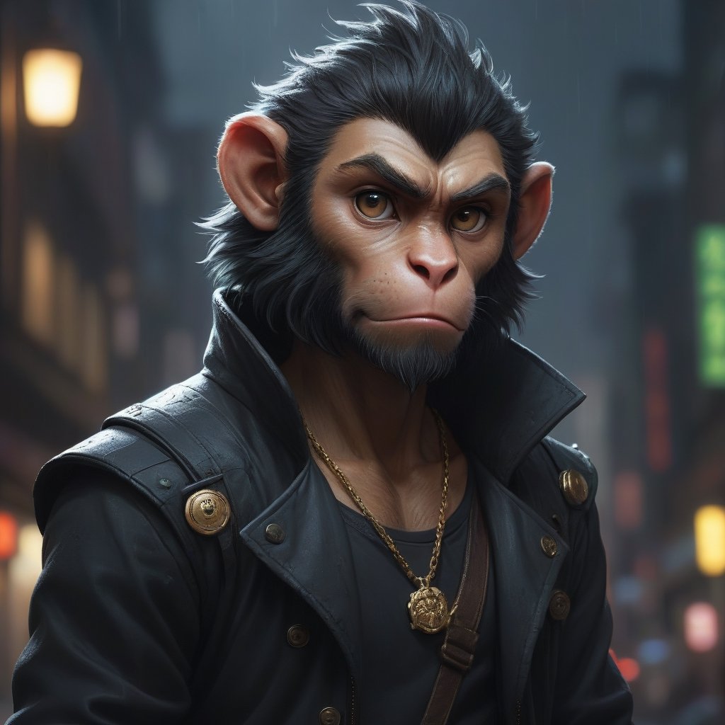 award winning beautiful portrait commission of a male furry anthro monkey king fursona with a tail and a cute beautiful attractive detailed furry face wearing stylish black cyberpunk clothes in a cyberpunk city at night while it rains. Character design by charlie bowater, ross tran, artgerm, and makoto shinkai, detailed, inked, western comic book art