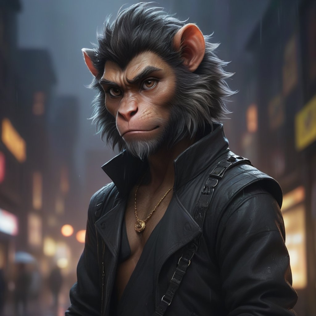 award winning beautiful portrait commission of a male furry anthro monkey king fursona with a tail and a cute beautiful attractive detailed furry face wearing stylish black cyberpunk clothes in a cyberpunk city at night while it rains. Character design by charlie bowater, ross tran, artgerm, and makoto shinkai, detailed, inked, western comic book art