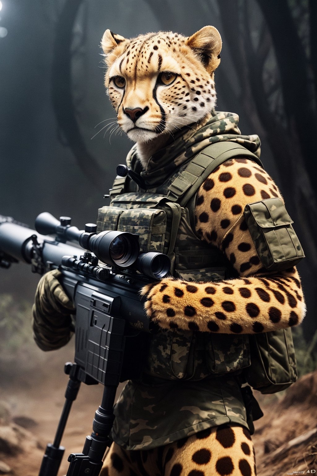 Clever cheetah wearing camouflage and sniper gear, holding a sniper rifle, anthropomorphic, super detail, ultra hd, 8k, real life, maximum facial detail, cinematic lighting 