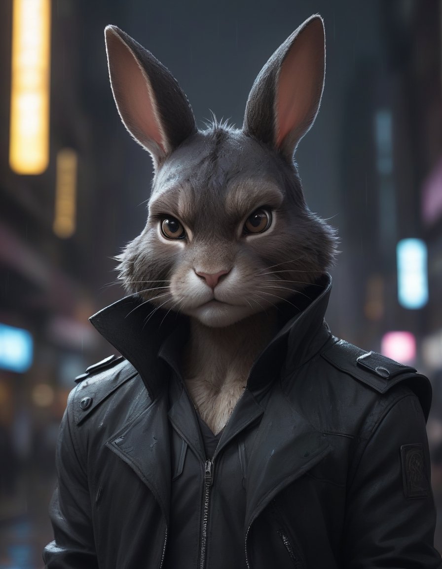 award winning beautiful portrait commission of a male furry anthro Bunny fursona with a tail and a cute beautiful attractive detailed furry face wearing stylish black cyberpunk clothes in a cyberpunk city at night while it rains. Character design by charlie bowater, ross tran, artgerm, and makoto shinkai, detailed, inked, western comic book art