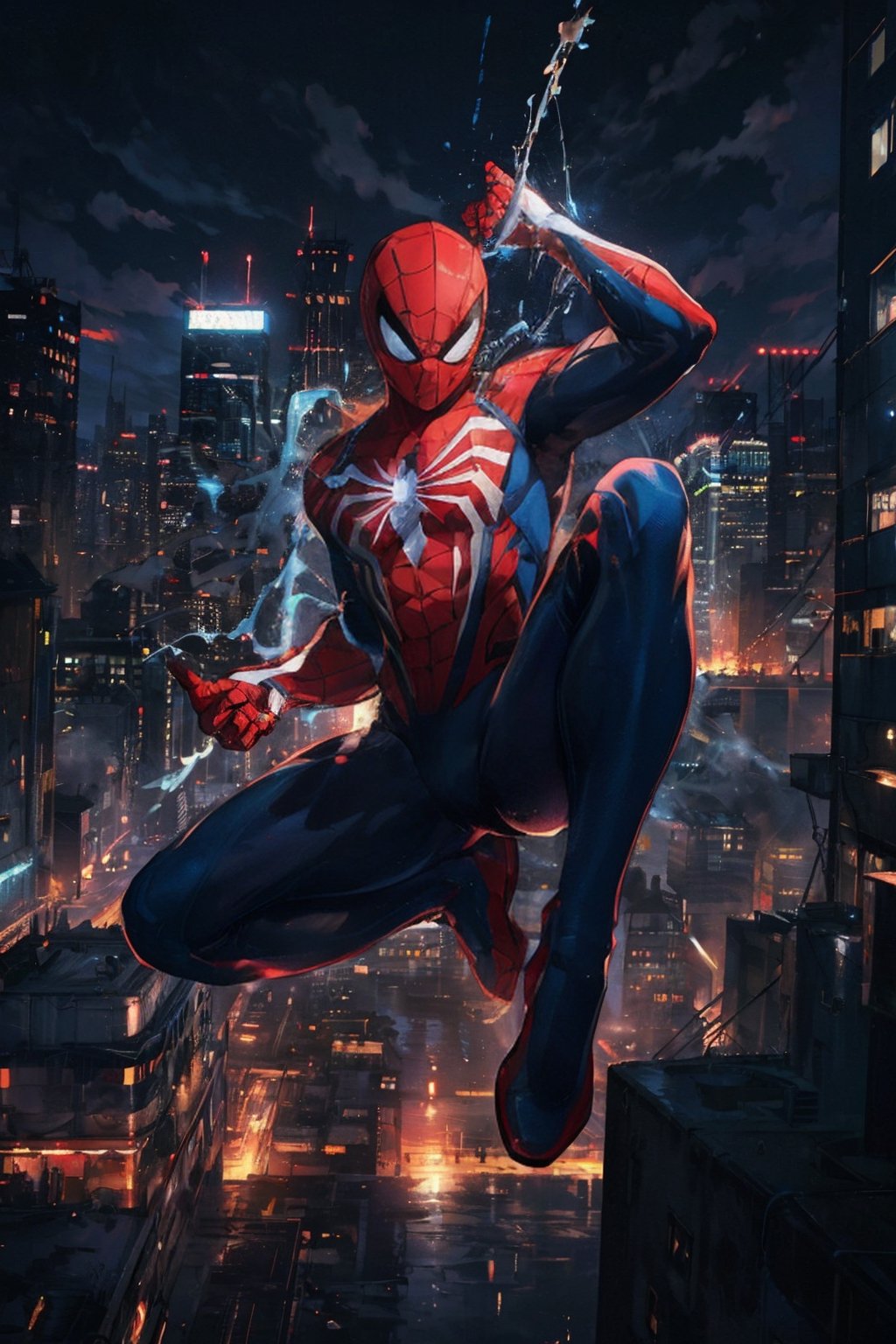 Against the backdrop of a city skyline painted with the warm hues of early night ,Spider-Man delivering a powerful kick while swinging through the city. His vibrant red and blue costume contrasts with the urban landscape, and the iconic white eyes of his mask reflect the fading daylight. The wind tousles his sleek, web-patterned suit as he stands ready for action. With the city sprawled out beneath him, Spider-Man's presence on the building top is a silent promise of protection and vigilance