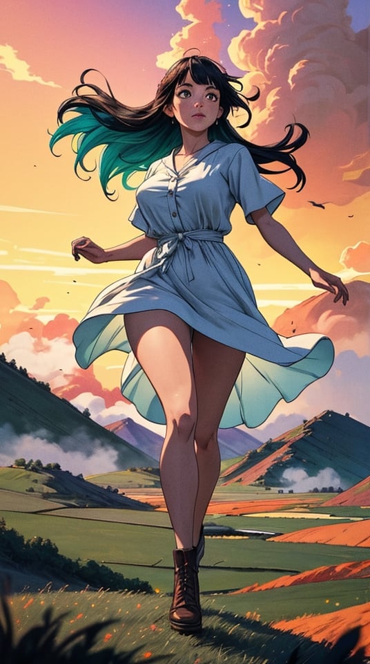 ((masterpiece)), (best quality), (cinematic), a woman in a long white dress, running through an open field, long black hair, bangs, chubby, wide hips, full body, green eyes, freckles on cheeks, wind, detailed face, detailed body, red and orange sky, glow, clouds, vegetation, green plains, floating bubbles, (cinematic, colorful), vast field, (extremely detailed), inspired by Studio Ghibli, EpicSky, cloud, sky, highly detailed, detailed face