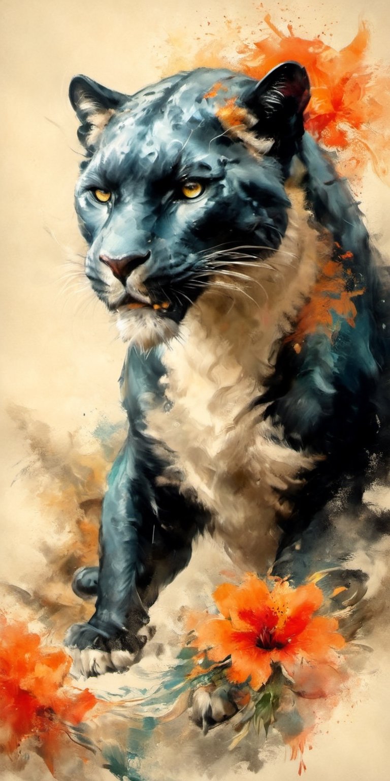 full-body picture .Generate hyper realistic image of an ancient scroll featuring an ink wash painting of a panther , surrounded by traditional brushstroke elements, creating an evocative piece reminiscent of classical Asian art, Movie Poster,Movie Poster, sharp focus, intense colors, vibrant colors, chromatic aberration,MoviePosterAF, UHD, 8K,oil paint,painting