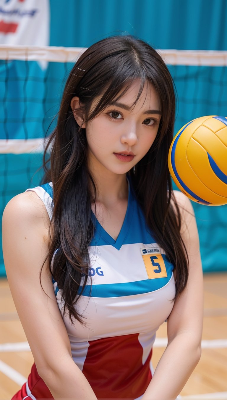 beautiful asian girl , professional photography, depth in field, high quality ,Extremely Realistic,medium sized boobs,hand,1girl, half body portrait, gorgeous, top model, bang,long hair, heterochromia, (blue sexy volleyball outfit with high detail:1.2), masterpiece,a Pretty woman,long black straight hair,side-swept bangs,Amber eyes,Natural makeup,Dewy glossy lips,Detailedface,detaled_background,complex_bg,volleyball uniform