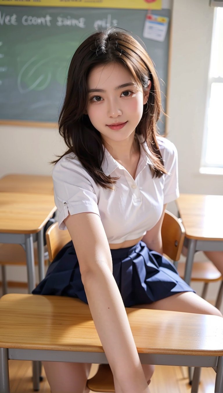 beautiful asian girl in classroom , professional photography, depth in field, high quality ,Extremely Realistic,facing the veiwer ,perfect,,facing the veiwer ,pov_eye_contact,medium sized boobs,hand,halfbody potrait,half body,looking_at_viewer,gentle smile,astethic,siting on a tabe posing,medium hair,school_uniform,school_girl,baground a busy class,school uniform,self_shot,selfie,ffc selfie,iphone mirror selfie