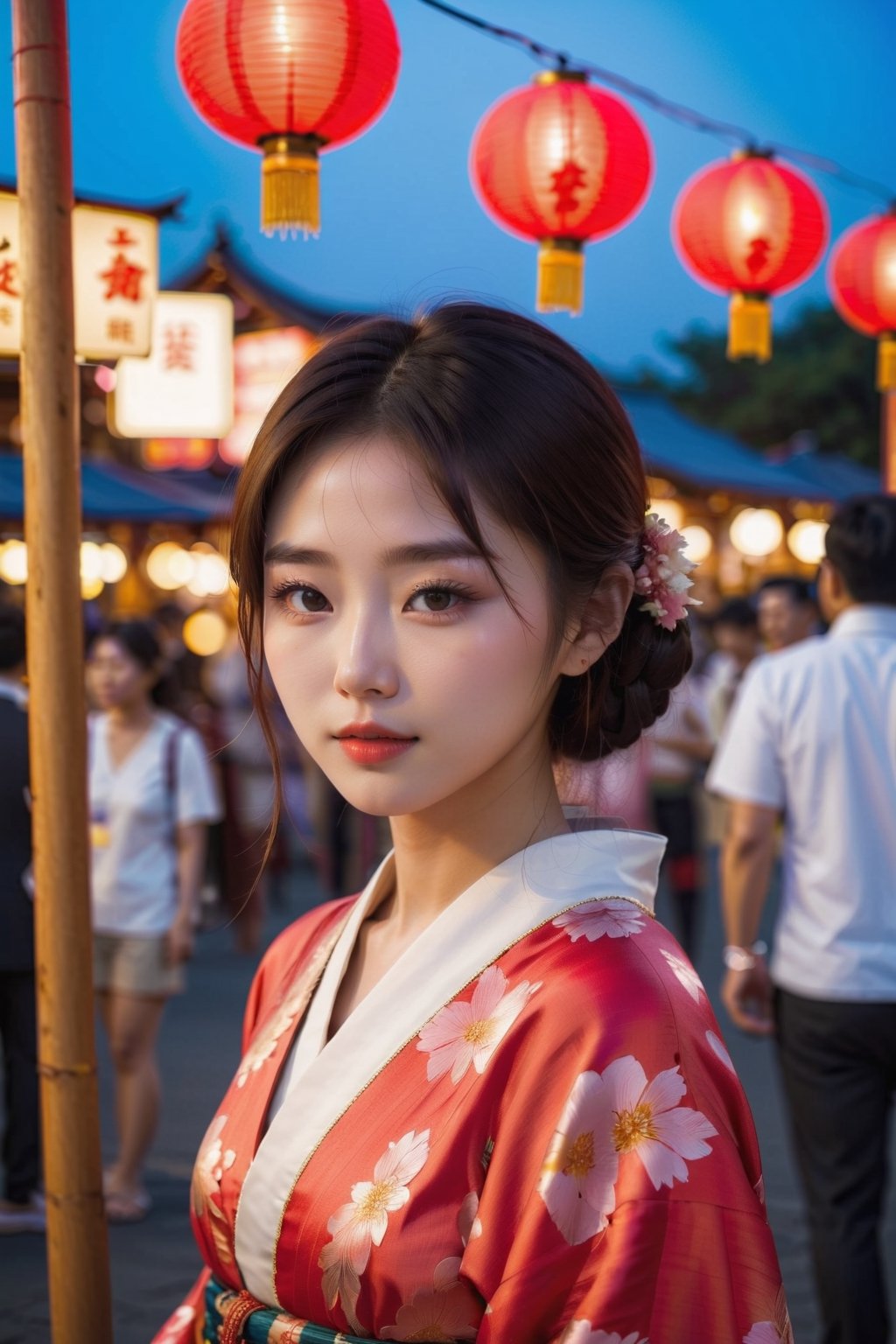 cute japanese girl on asummer festival night market wearing traditiuonal japaness dress looking gently at the veiwer , her flawless face resembles the pale red moon , her face glows on  as the light of street lamp  a potrait of a beautiful young women 