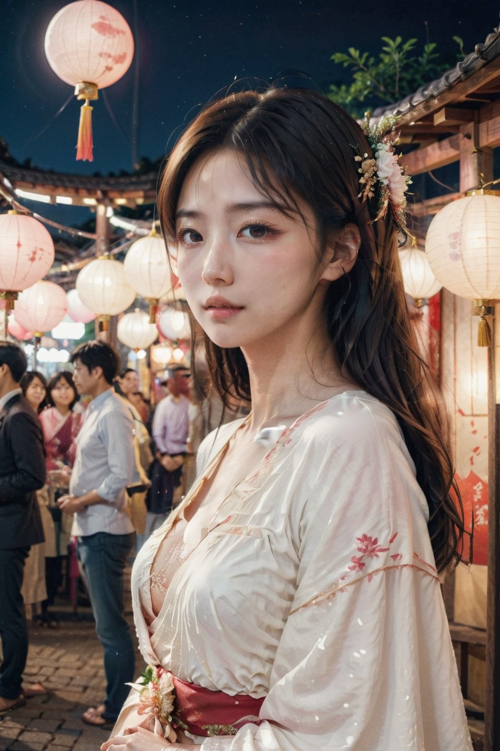 cute japanese girl on asummer festival night market wearing traditiuonal japaness dress looking gently at the veiwer , her flawless face resembles the pale red moon , her face glows on  as the light of street lap reaches her , a potrait of a beautiful young women 