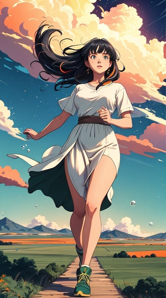 ((masterpiece)), (best quality), (cinematic), a woman in a long white dress, running through an open field, long black hair, bangs, chubby, wide hips, full body, green eyes, freckles on cheeks, wind, detailed face, detailed body, red and orange sky, glow, clouds, vegetation, green plains, floating bubbles, (cinematic, colorful), vast field, (extremely detailed), inspired by Studio Ghibli, EpicSky, cloud, sky, highly detailed, detailed face