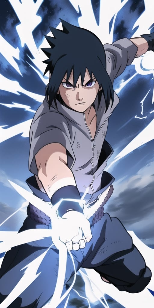 "Sasuke Uchiha channels lightning chakra into his hand, forming the formidable Chidori. The air crackles with energy as he prepares to unleash this powerful jutsu. Capture the intensity and focus in an image of Sasuke wielding the Chidori with precision and determination."