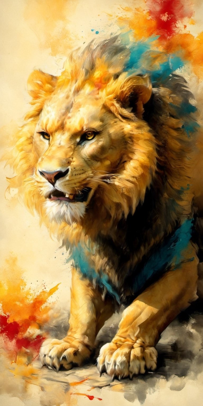 full-body picture .Generate hyper realistic image of an ancient scroll featuring an ink wash painting of a lion, surrounded by traditional brushstroke elements, creating an evocative piece reminiscent of classical Asian art, Movie Poster,Movie Poster, sharp focus, intense colors, vibrant colors, chromatic aberration,MoviePosterAF, UHD, 8K,oil paint,painting