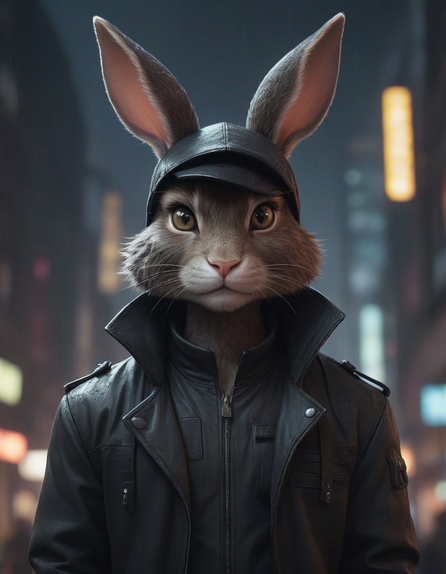 award winning beautiful portrait commission of a male furry anthro Bunny fursona with a tail and a cute beautiful attractive detailed furry face wearing stylish black cyberpunk clothes in a cyberpunk city at night while it rains. Character design by charlie bowater, ross tran, artgerm, and makoto shinkai, detailed, inked, western comic book art