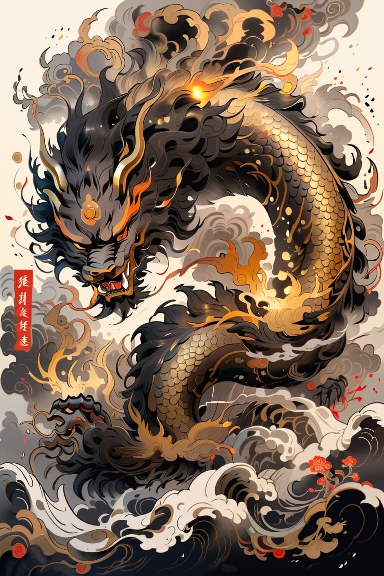 A beautifully drawn (((sumi-e ink illustration))) depictinga golden dragon that throws fire
