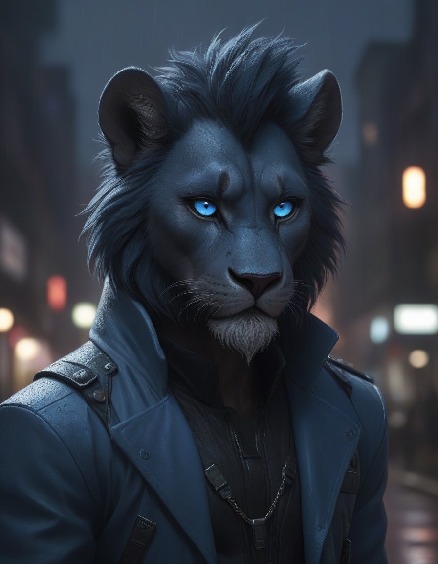 award winning beautiful portrait commission of a male furry anthro Blue lion fursona with a tail and a cute beautiful attractive detailed furry face wearing stylish black cyberpunk clothes in a cyberpunk city at night while it rains. Character design by charlie bowater, ross tran, artgerm, and makoto shinkai, detailed, inked, western comic book art