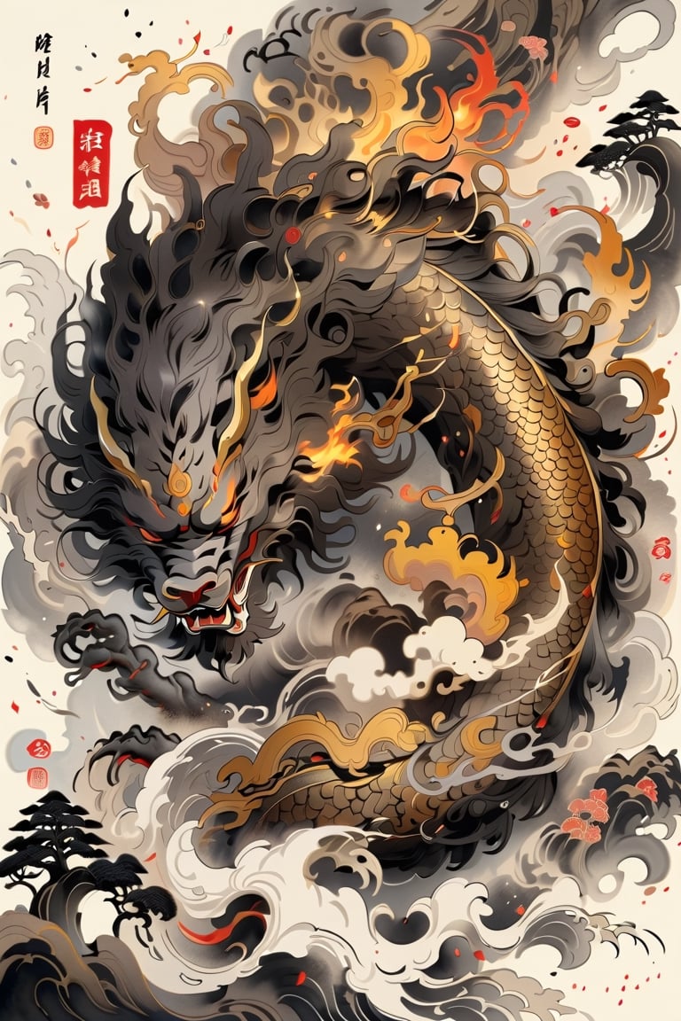 A beautifully drawn (((sumi-e ink illustration))) depictinga golden dragon that throws fire
