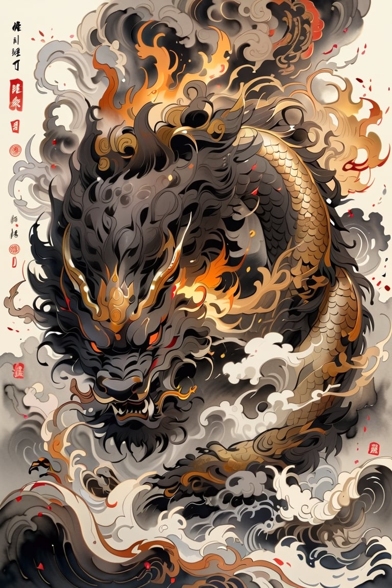 A beautifully drawn (((sumi-e ink illustration))) depictinga golden dragon that throws fire
