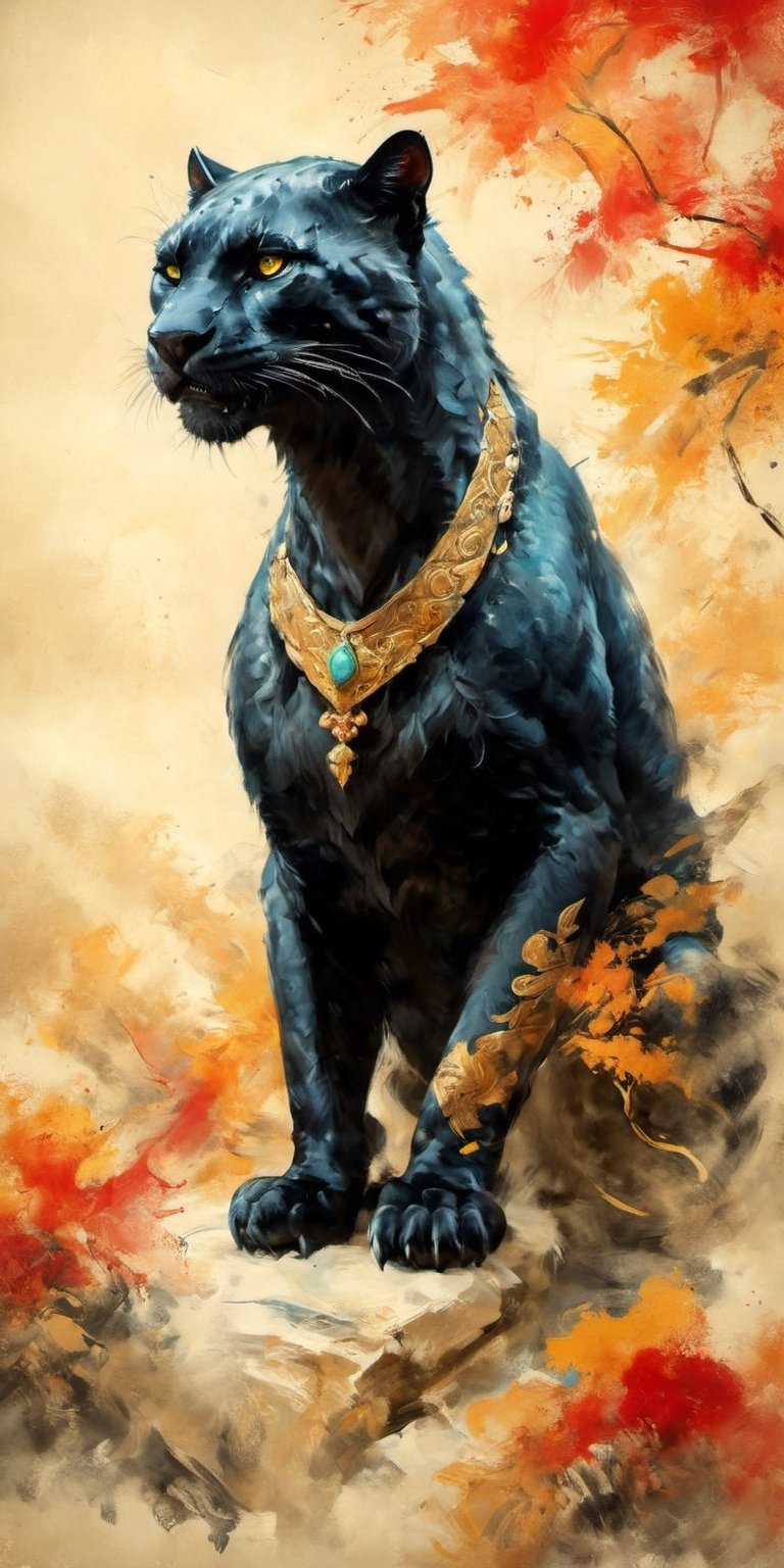 full-body picture .Generate hyper realistic image of an ancient scroll featuring an ink wash painting of a panther , surrounded by traditional brushstroke elements, creating an evocative piece reminiscent of classical Asian art, Movie Poster,Movie Poster, sharp focus, intense colors, vibrant colors, chromatic aberration,MoviePosterAF, UHD, 8K,oil paint,painting