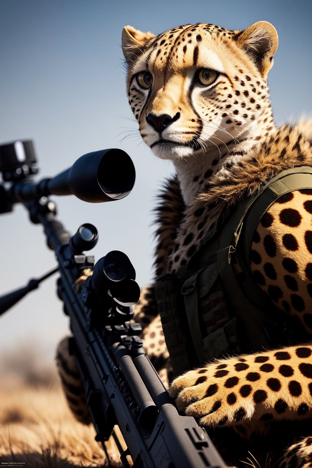 Clever cheetah wearing camouflage and sniper gear, holding a sniper rifle, anthropomorphic, super detail, ultra hd, 8k, real life, maximum facial detail, cinematic lighting 