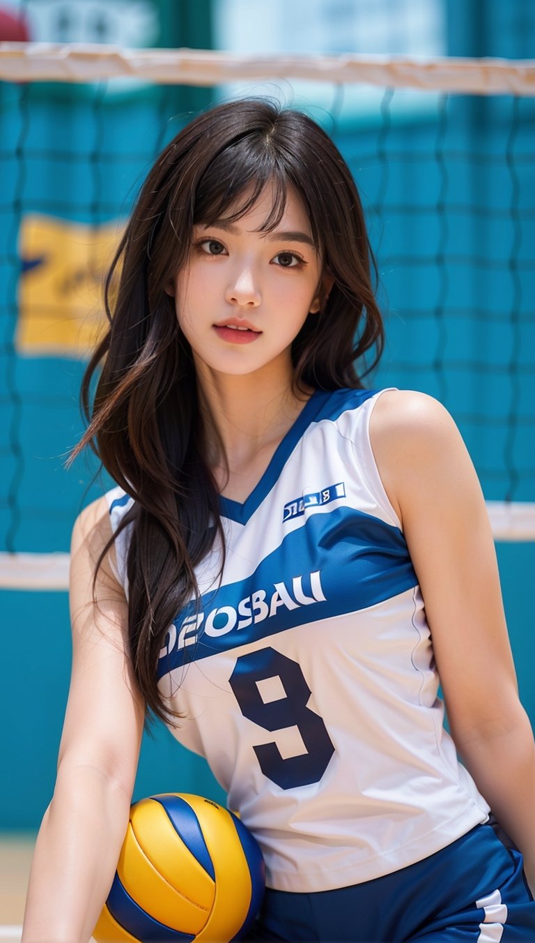 beautiful asian girl , professional photography, depth in field, high quality ,Extremely Realistic,medium sized boobs,hand,1girl, half body portrait, gorgeous, top model, bang,long hair, heterochromia, (blue sexy volleyball outfit with high detail:1.2), masterpiece,a Pretty woman,long black straight hair,side-swept bangs,Amber eyes,Natural makeup,Dewy glossy lips,Detailedface,detaled_background,complex_bg,volleyball uniform