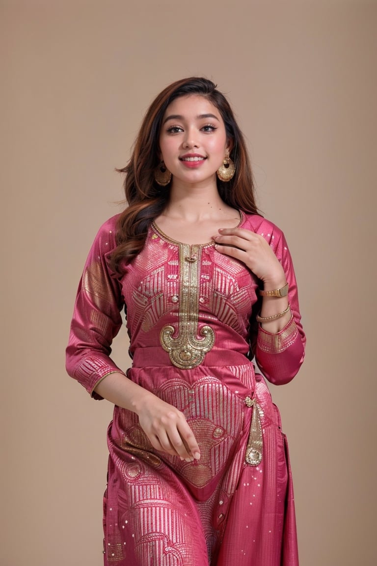 1 Woman, mature, pink salwar with nice pattern, gold bangles, gold earrings, gold nose ring, turquoise eyes, pear body, plump waist, pose emphasizing hips, dark background