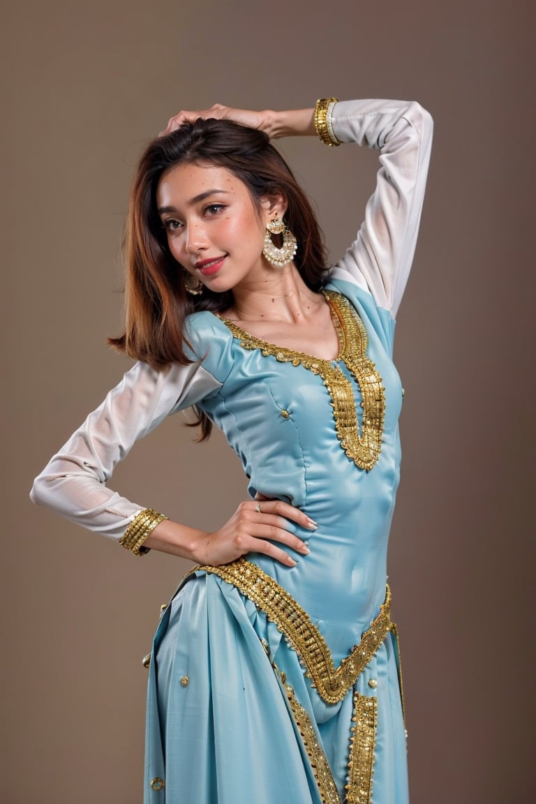 1 Woman, mature, salwar, skintight, gold bangles, gold earrings, gold nose ring, turquoise eyes, slim, hourglass body, indian classical dance pose, dark background, wide face defined jawline, freckles