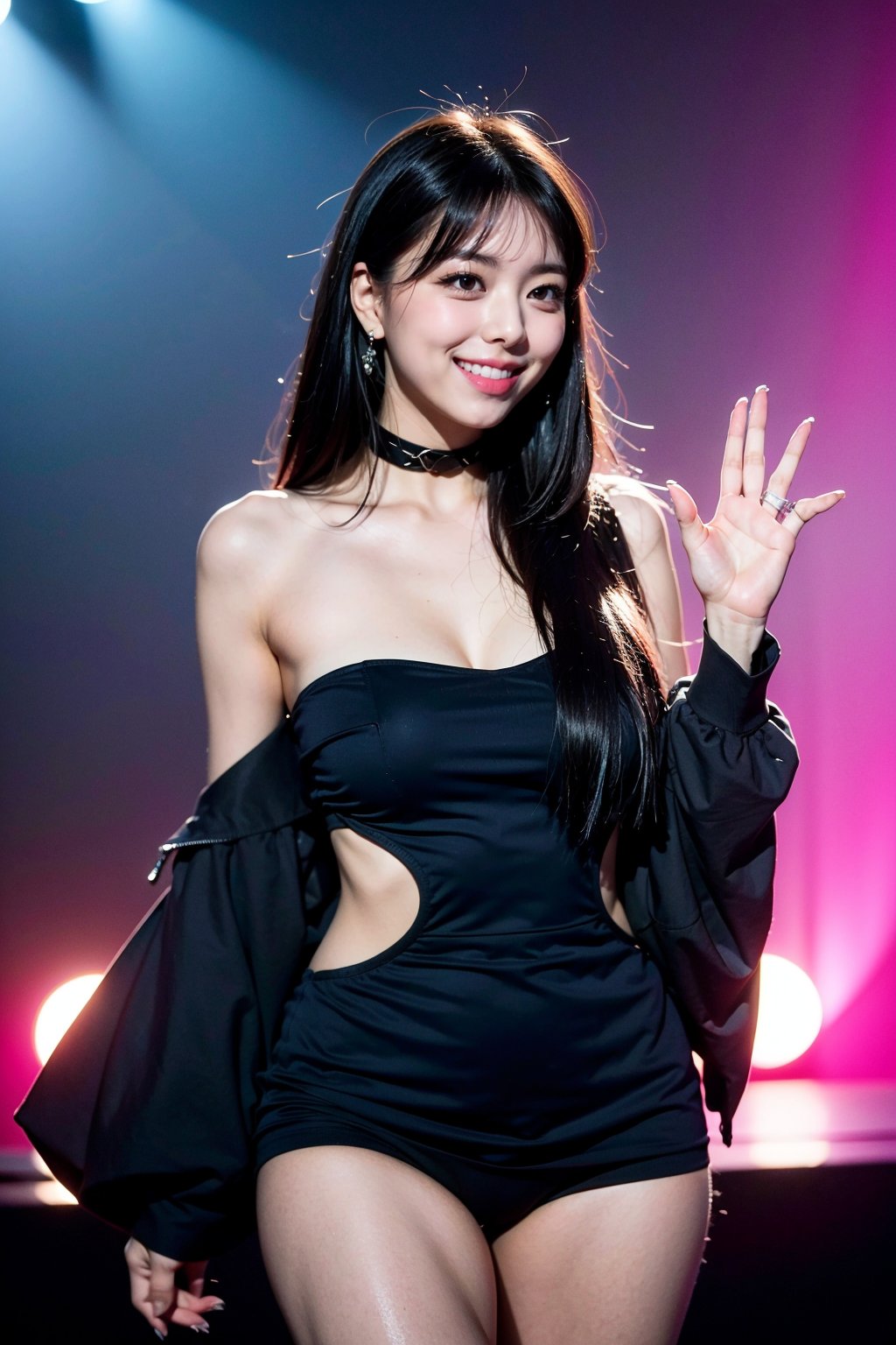 1girl, 8k, high_resolution, best quality, standing, stage, on stage, performing, concert, facing front, smiling, proportional eyes, cowboy_shot, 18+, perfect, (from front), looking_at_camera, front, masterpiece, gigantic_breasts, thick thighs, long_hair, black_hair, bangs, choker, asian girl, ITZY Yuna, off_shoulders, black_dress, cleavage