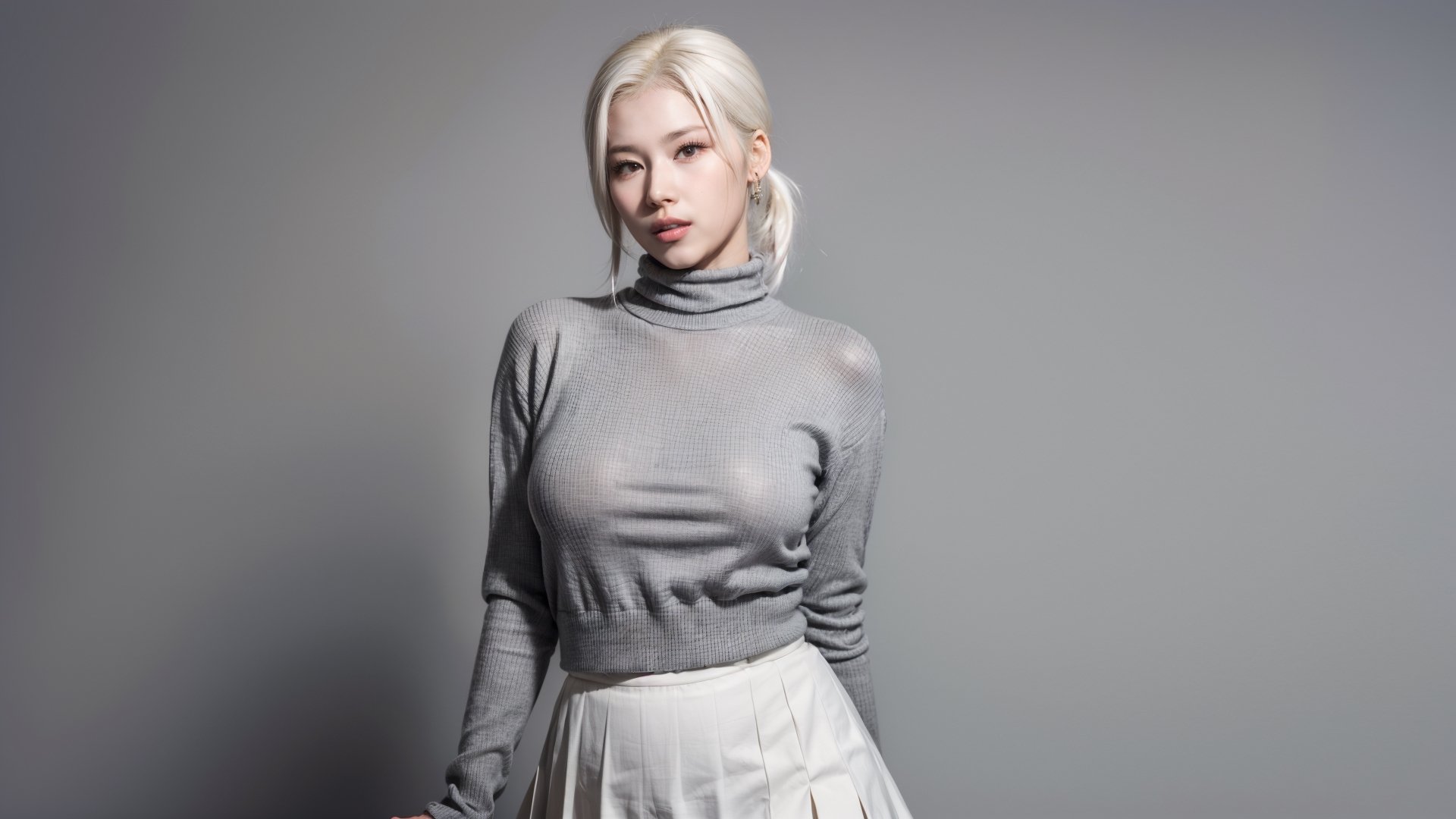 ((1girl)), solo, 8k, high_resolution, best quality, standing, face focus, proportional eyes, perfect, (from front), front, masterpiece, thick thighs, huge_breasts, (((white_hair))), high_ponytail, Sana, asian girl, grey_background, simple_background, turtleneck_sweater, pleated_skirt