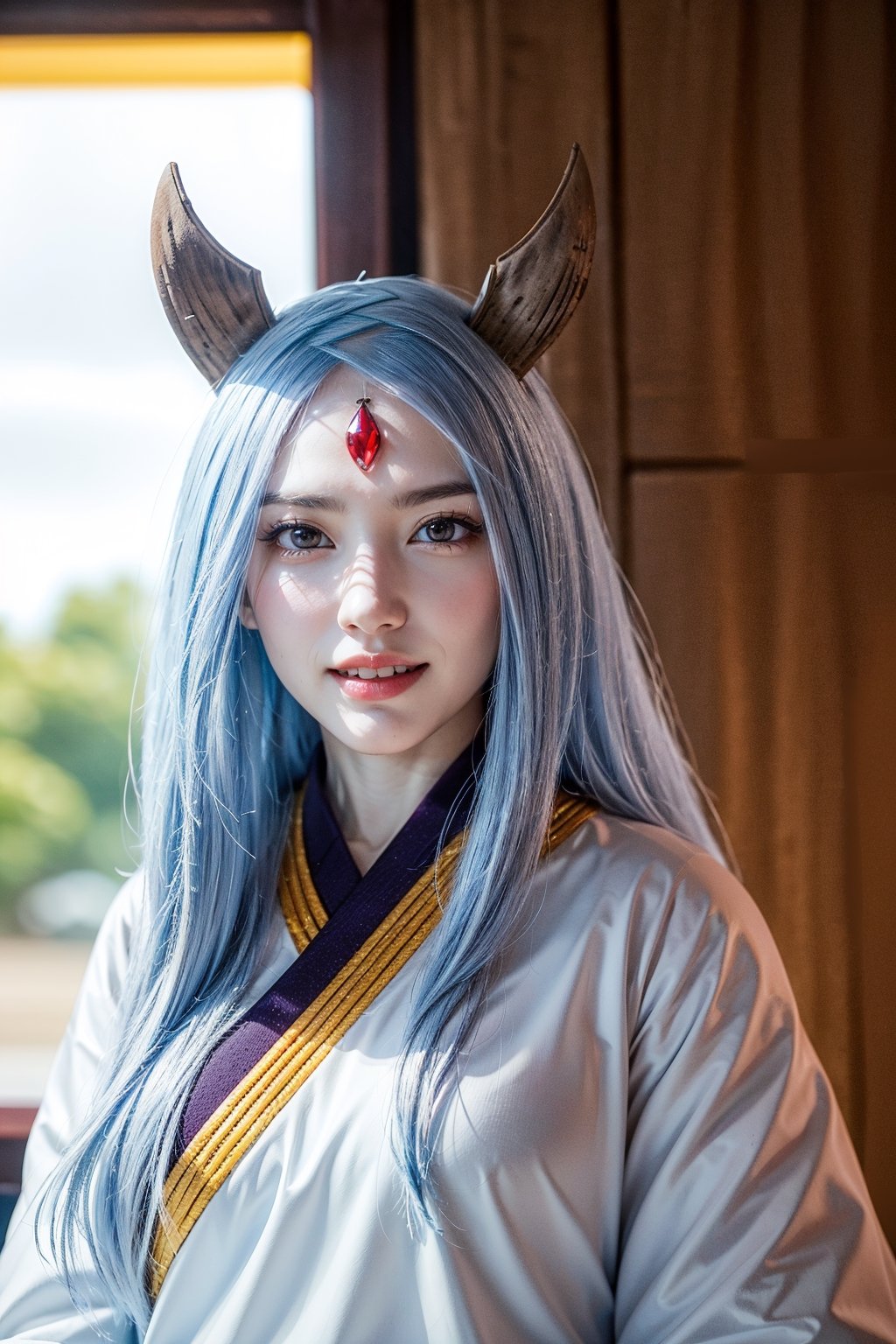 8k, high_resolution, best quality, ((standing)), bedroom, inside bedroom, facing front, smiling, proportional eyes, perfect, (from front), half body shot, looking_at_camera, front, masterpiece, large_breasts, kaguya, otsutsuki kimono, third eye, pale skin, horns, sharp fingernails, forehead mark