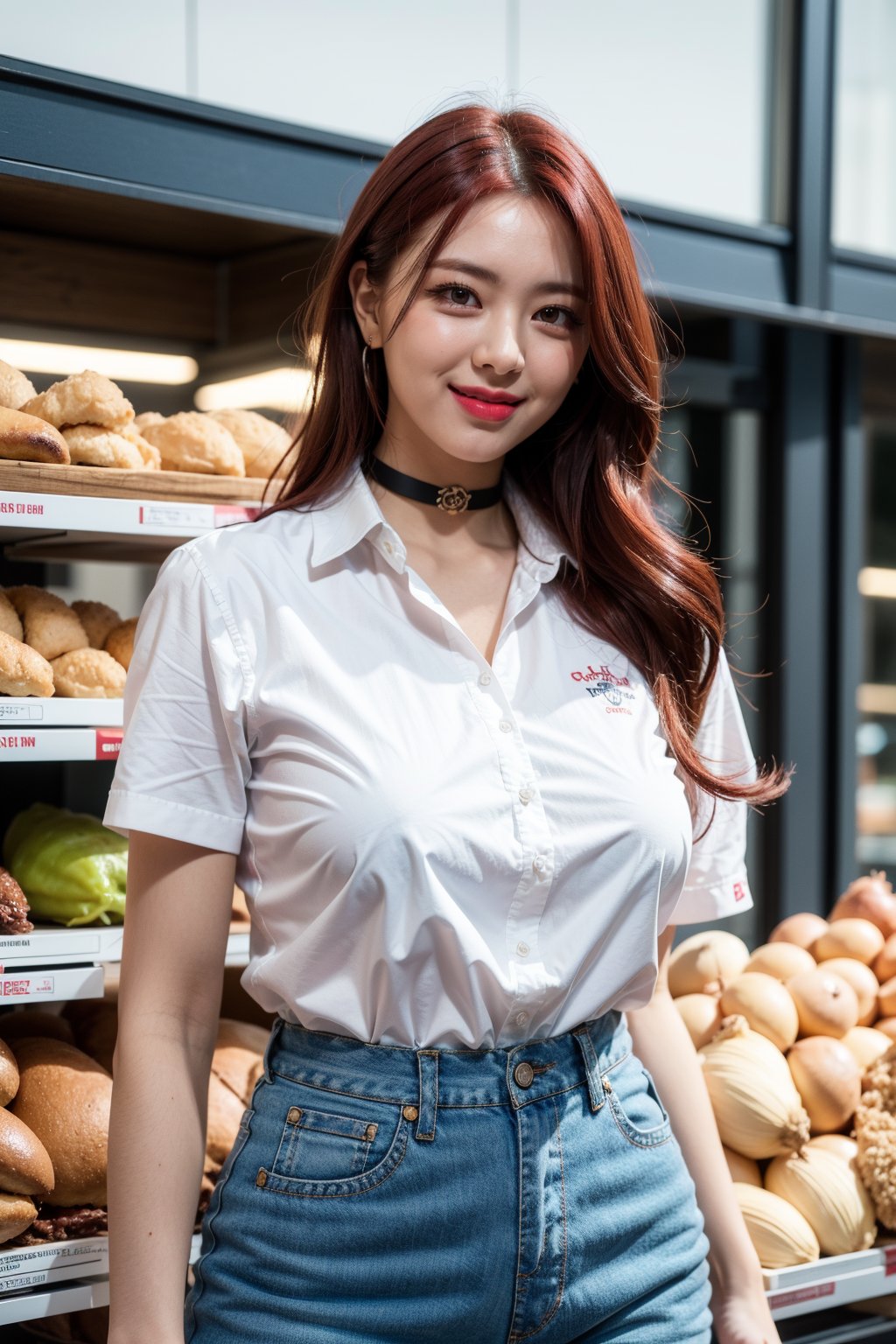 1girl, masterpiece, best quality, ultra-detailed, ultra high res, (photorealistic:1.4), raw photo, (realistic:0.2), 8k HDR, standing, food aisles, market, facing front, smiling, proportional eyes, cowboy_shot, 18+, perfect, (from front), looking_at_camera, front, huge_breasts, thick thighs, wavy_hair, ((red_hair)), bright red hair, choker, pink_lipstick, white_shirt, collared_shirt, blue_jeans, ITZY Yuna