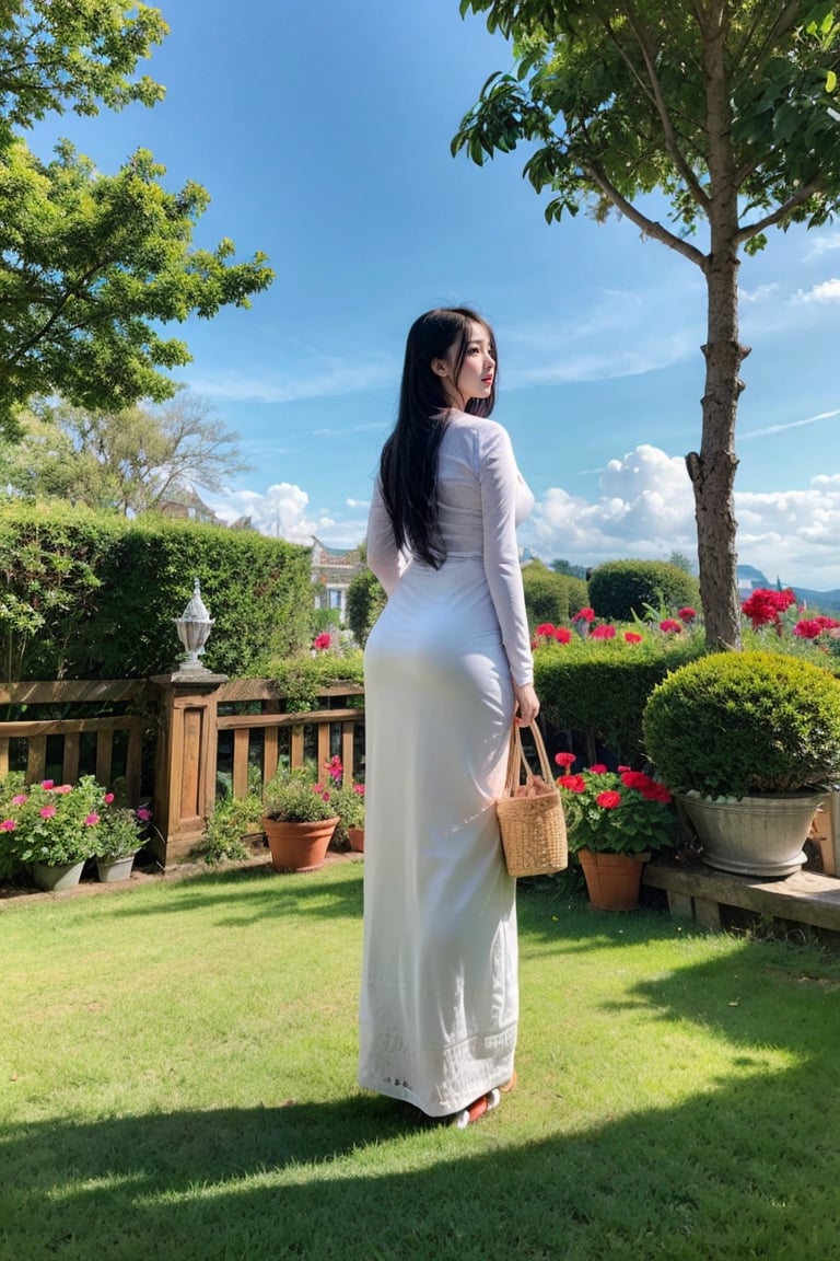 1girl, long hair, White hair, day, blue Sky, clouds,acmm ss outfit,Myanmar,viewed_from_behind,full_body,standing,big_boobies,garden