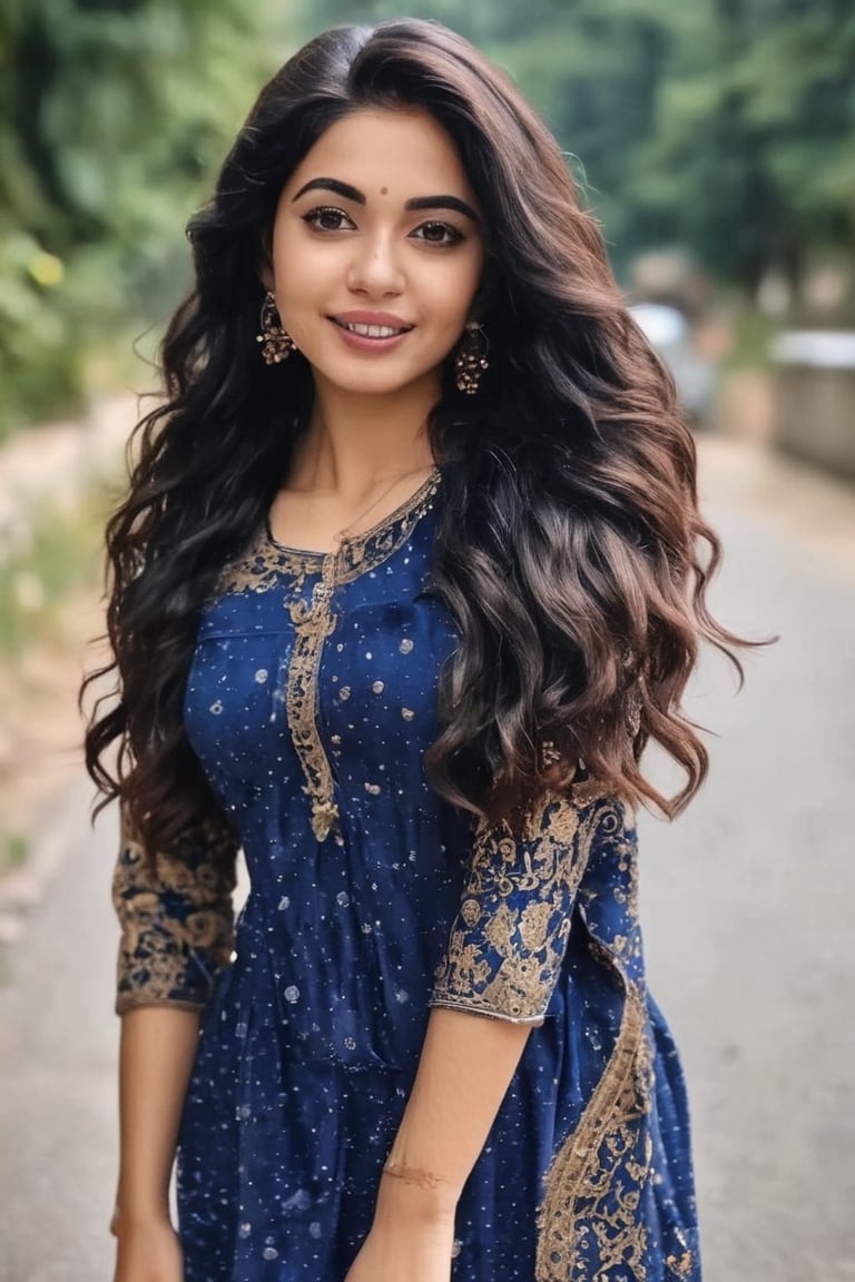 face like kavya karan , indian chhatishgari women look  , hair color white burgundy black , eye coor blue, age 22 ,  walking on road 