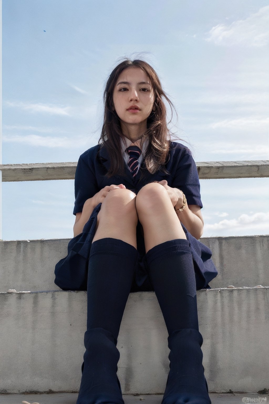 1girl,ultra Realistic, beautiful Detailed, (full body1.2), school uniform, random color, sit post, Big nipples can be seen, under wear can be seen, legs apart, thin and long leg with pure skin, long black socks, Skin becomes fairer and smoother, A viewpoint looking up from the feet