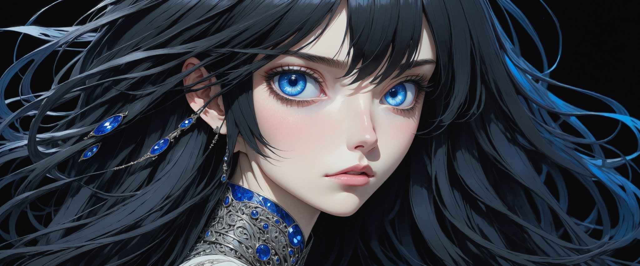 style of Tsutomu Nihei,
(incredibly absurdres, (high resolution:1.18), intricate detail, (masterpiece:1.1), (highest quality:1.1), absurdres) 
BREAK 
(1girl, solo, portrait, black hair, blue sapphire eyes, long hair, detailed eyes), black background