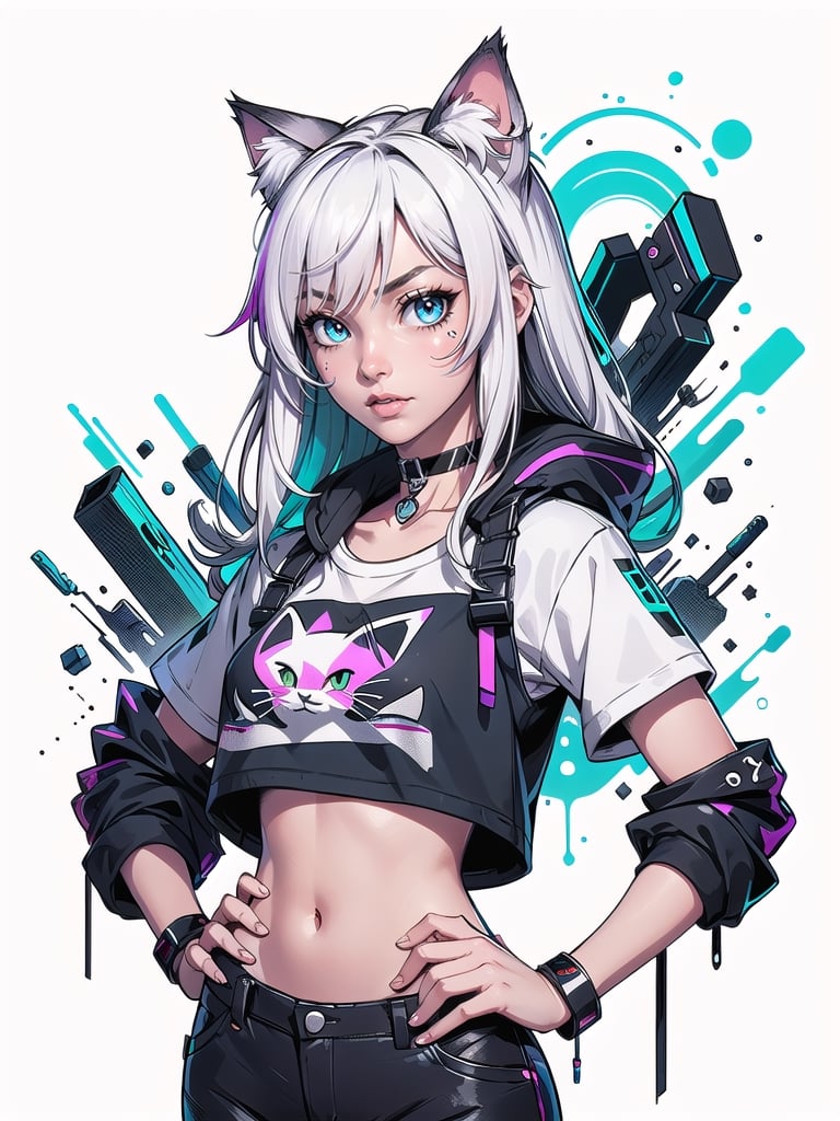 cat girl, cat ears, cyberpunk, long white hair, cosmic eyes, small breasts, crop top t-shirt, hand on hip, choker collar, wrist cuffs, realistic, solo, close up, graffiti, modern, design, white background, abstract, colorful, Grt2c