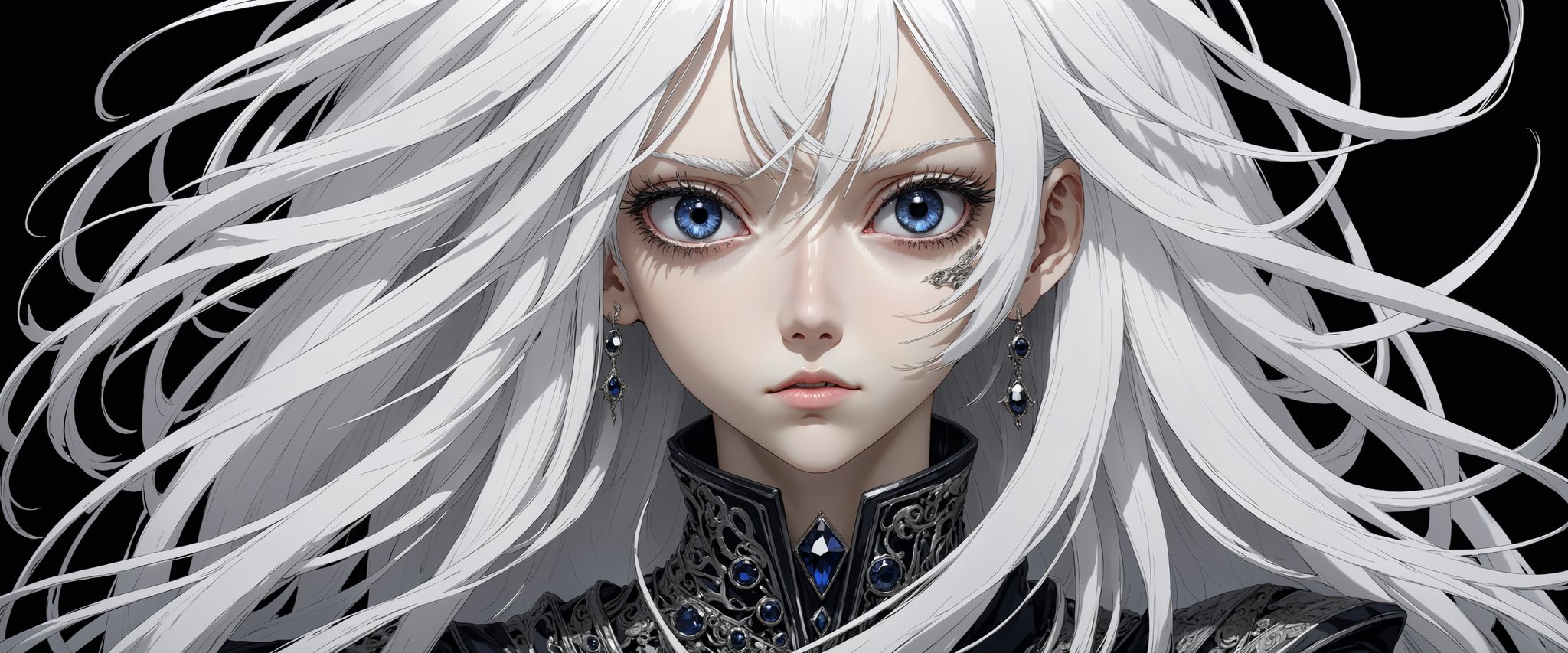 style of Tsutomu Nihei,
(incredibly absurdres, (high resolution:1.18), intricate detail, (masterpiece:1.1), (highest quality:1.1), absurdres) BREAK (1girl, solo, portrait, white hair, black sapphire eyes, long hair, detailed eyes), black background