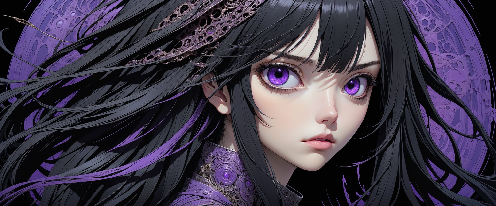 style of Tsutomu Nihei,
(incredibly absurdres, (high resolution:1.18), intricate detail, (masterpiece:1.1), (highest quality:1.1), absurdres) BREAK (1girl, solo, portrait, black hair, purple eyes, long hair, detailed eyes), (black background)