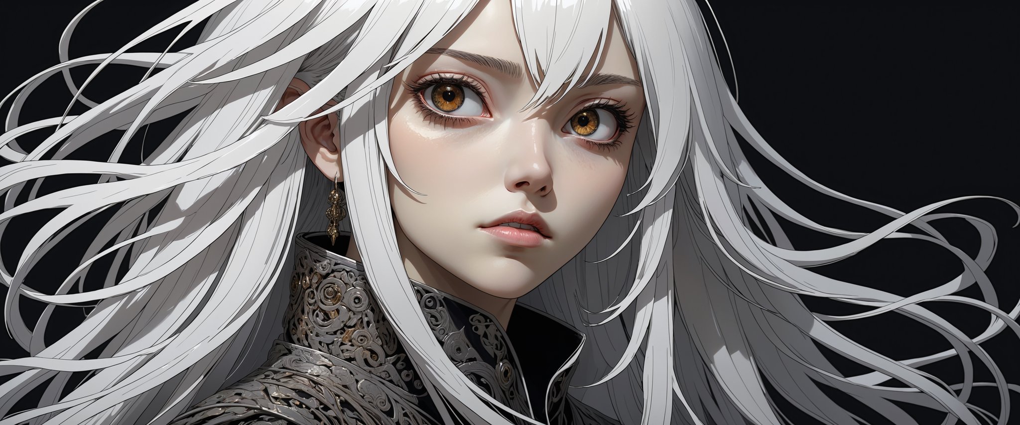 style of Tsutomu Nihei,
(incredibly absurdres, (high resolution:1.18), intricate detail, (masterpiece:1.1), (highest quality:1.1), absurdres) BREAK (1girl, solo, portrait, white hair, dark brown eyes, long hair, detailed eyes), black background