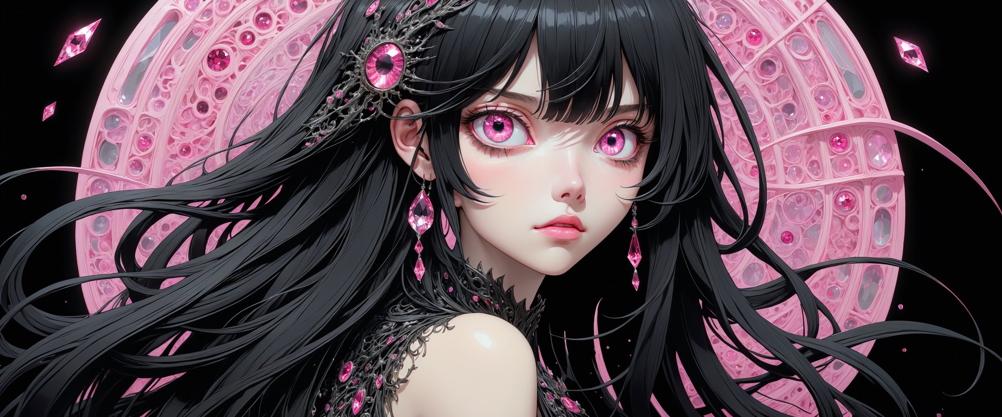 style of Tsutomu Nihei,
(incredibly absurdres, (high resolution:1.18), intricate detail, (masterpiece:1.1), (highest quality:1.1), absurdres) BREAK (1girl, solo, portrait, black hair, pink crystal eyes, long hair, detailed eyes), (black background)