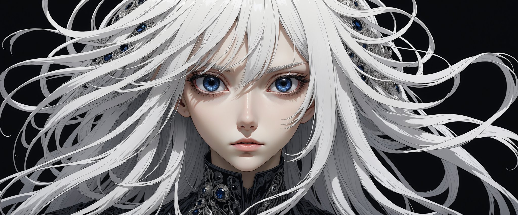style of Tsutomu Nihei,
(incredibly absurdres, (high resolution:1.18), intricate detail, (masterpiece:1.1), (highest quality:1.1), absurdres) BREAK (1girl, solo, portrait, white hair, black sapphire eyes, long hair, detailed eyes), black background