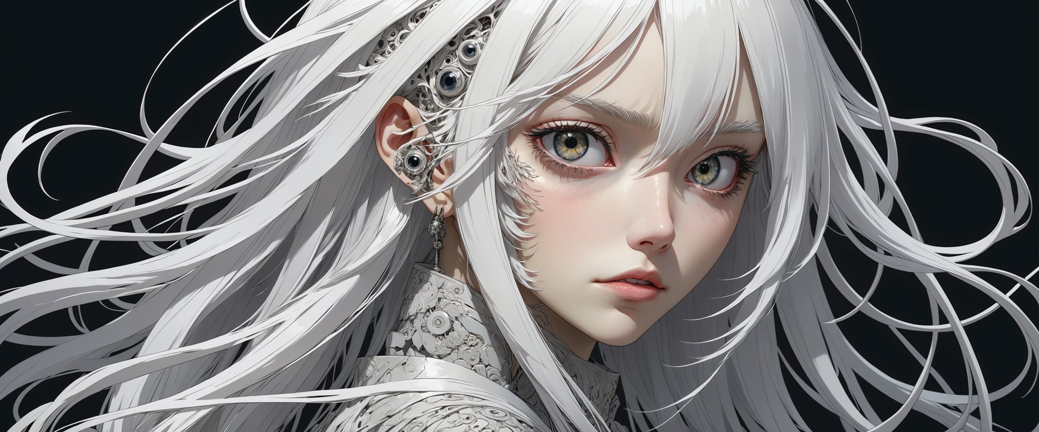 style of Tsutomu Nihei,
(incredibly absurdres, (high resolution:1.18), intricate detail, (masterpiece:1.1), (highest quality:1.1), absurdres) BREAK (1girl, solo, portrait, white hair, white eyes, long hair, detailed eyes),