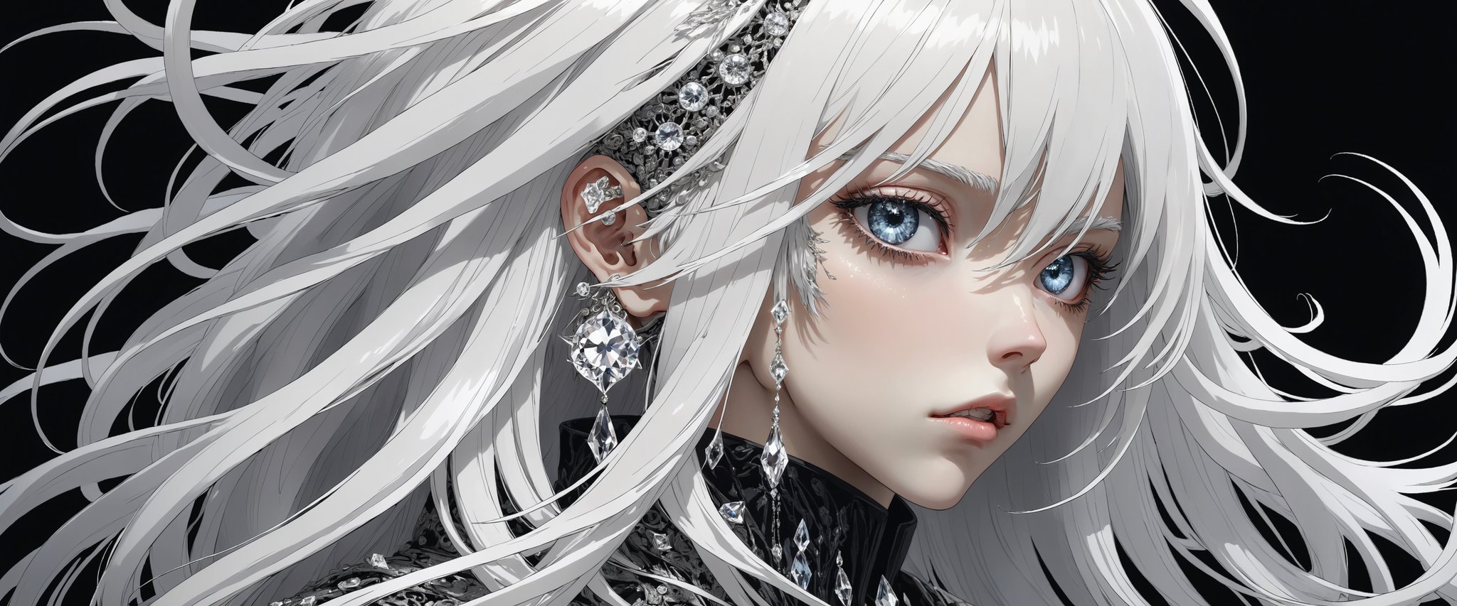 style of Tsutomu Nihei,
(incredibly absurdres, (high resolution:1.18), intricate detail, (masterpiece:1.1), (highest quality:1.1), absurdres) BREAK (1girl, solo, portrait, white hair, white crystal eyes, long hair, detailed eyes), black background